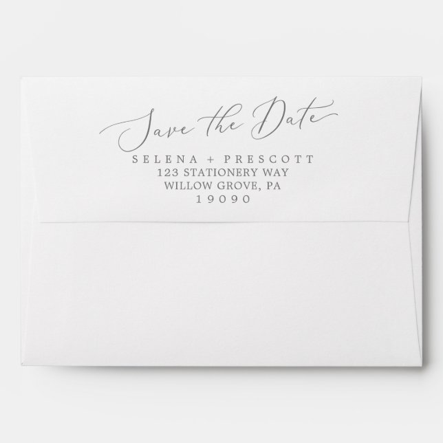 Delicate Silver Calligraphy Save the Date Card Envelope (Back (Top Flap))