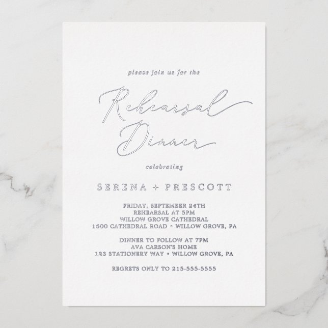 Delicate Silver Foil Calligraphy Rehearsal Dinner (Front)