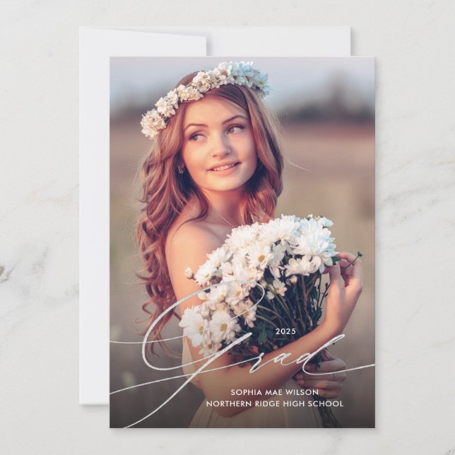 Delicate Silver Script 1-Photo Graduation Party Invitation (Front)