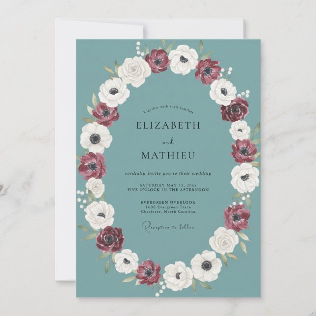 Delicate Slate Anemone Wreath Wedding Invitation (Front)