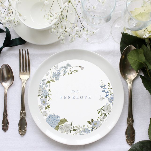 Delicate Soft Blue Floral Wreath Personalised Menu (Creator Uploaded)