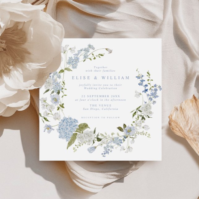 Delicate Soft Blue Floral Wreath Wedding Invitation (Creator Uploaded)