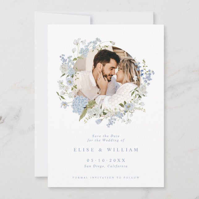 Delicate Soft Blue Floral Wreath Wedding Save The Date (Front)
