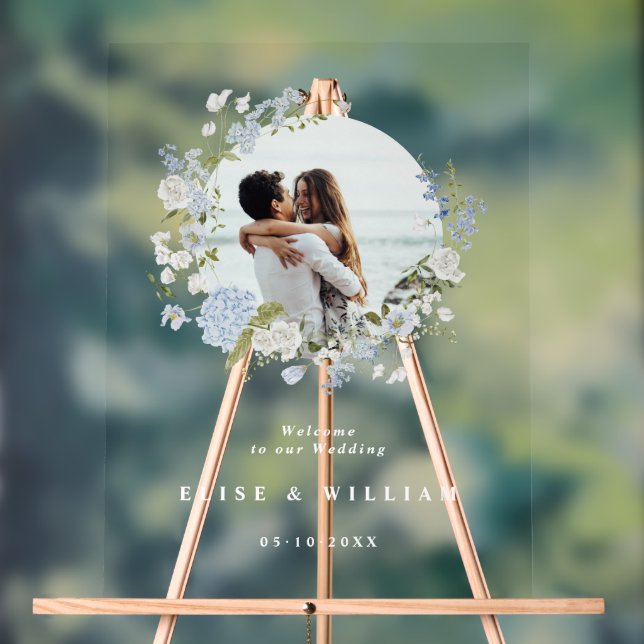 Delicate Soft Blue Floral Wreath Wedding Welcome Acrylic Sign (Neutral)