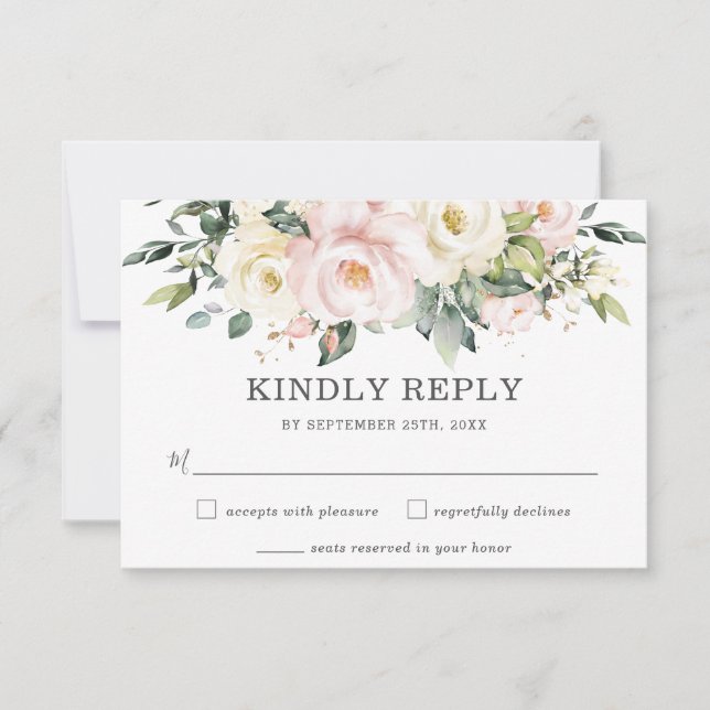 Delicate Soft Ivory Blush Floral Wedding RSVP Card (Front)