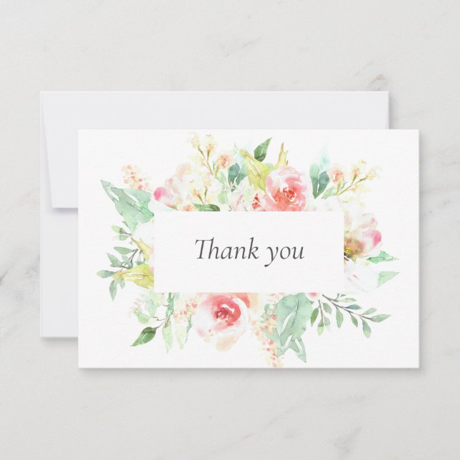 Delicate Soft Pink Flowers Greenery Wedding  Thank You Card (Front)
