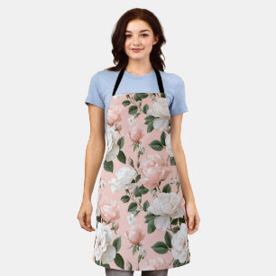 Delicate Soft Pink Rose White Floral Pattern Apron