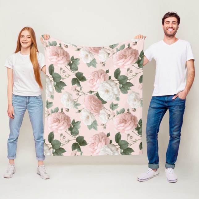Delicate Soft Pink Rose White Floral Pattern Fleece Blanket (In Situ)