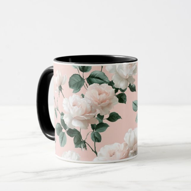 Delicate Soft Pink Rose White Floral Pattern Mug (Front Left)