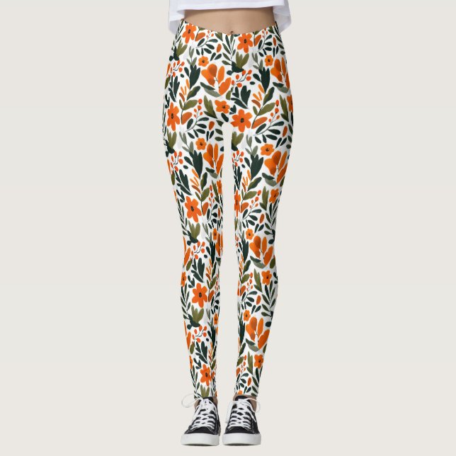 Delicate Spring Flowers Orange Floral Pattern  Leggings (Front)
