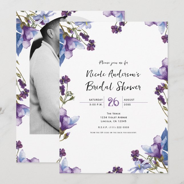 Delicate Spring Flowers Purple Bridal Shower Invitation (Front/Back)