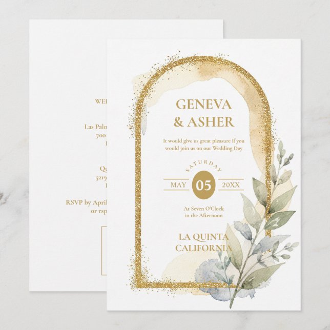 Delicate Spring Green & Beige Floral Arch Wedding Invitation (Front/Back)