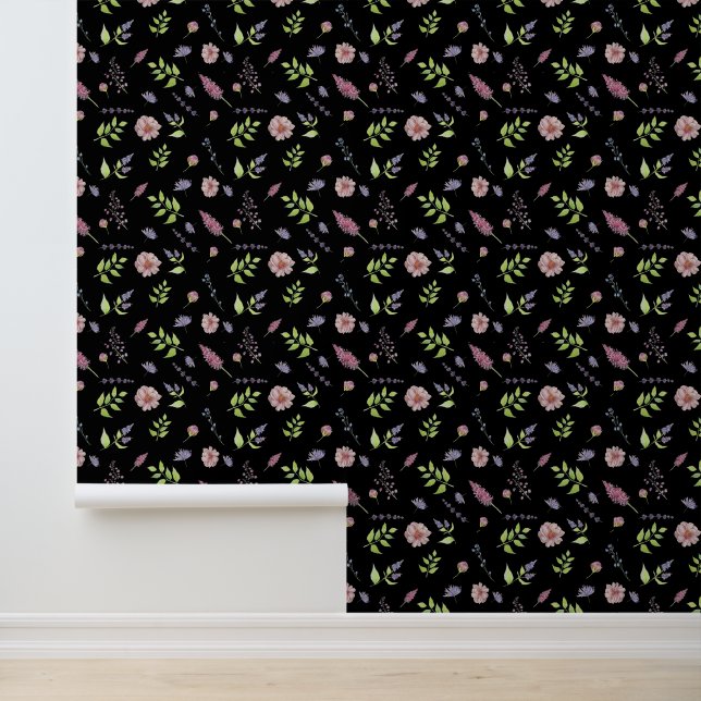 Delicate Stylish Botanical Floral Pattern on Black Wallpaper (Application)