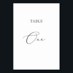 Delicate Taupe Calligraphy Table One Table Number<br><div class="desc">This delicate taupe calligraphy table one table number is perfect for a modern wedding. The romantic minimalist design features lovely and elegant brown grey typography on a white background with a clean and simple look. The card prints on the front and back (double-sided). Other table numbers in the collection are...</div>
