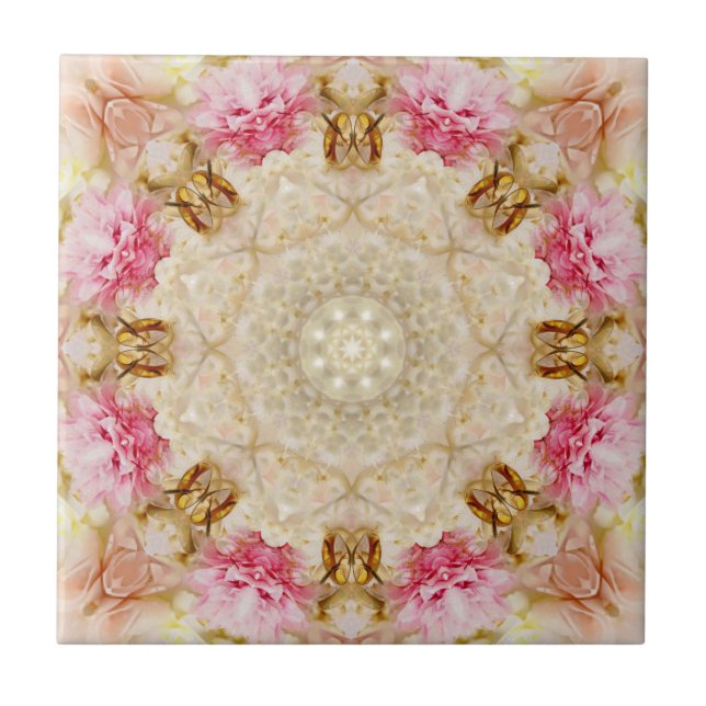 Delicate Taupe & Pink Mandala Design Ceramic Tile, Ceramic Tile (Front)