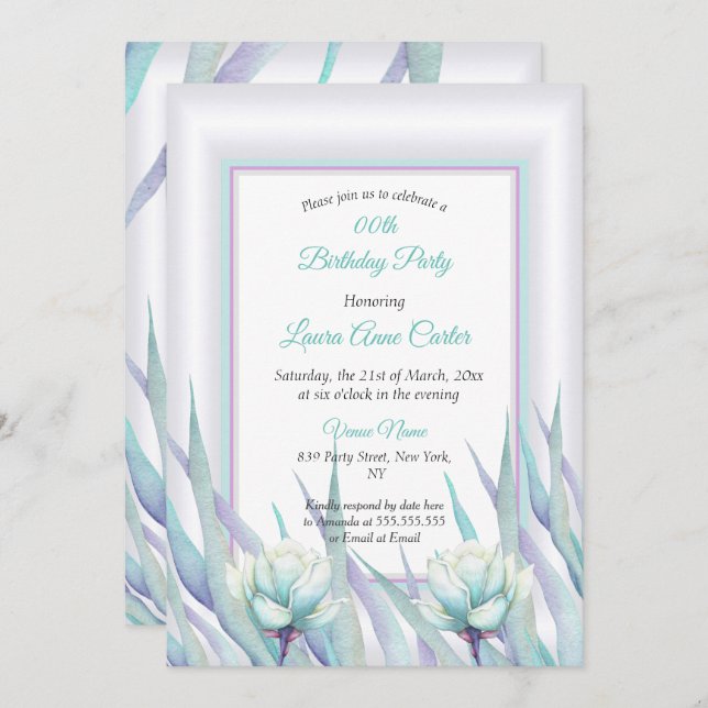 Delicate Teal Purple Floral Photo Birthday Invitation (Front/Back)