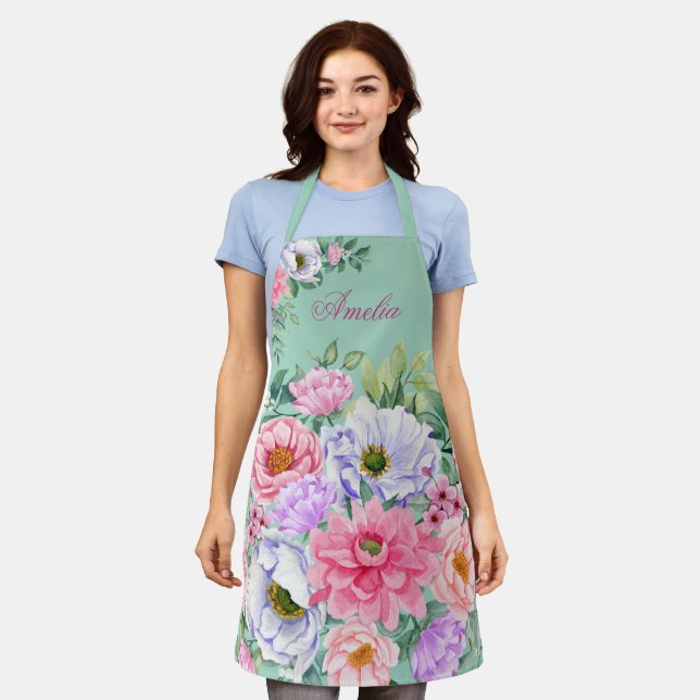 Delicate Teal Summer Garden Party Flowers  Apron (Worn)