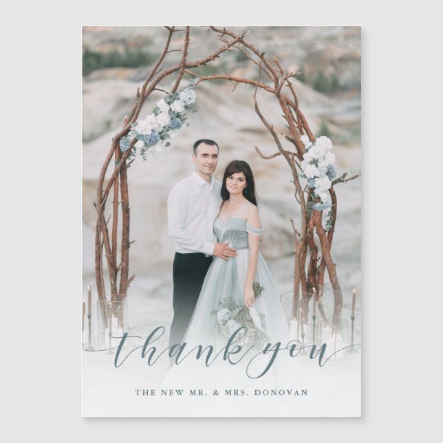Delicate Thanks | Muted Blue Wedding Photo (Front)