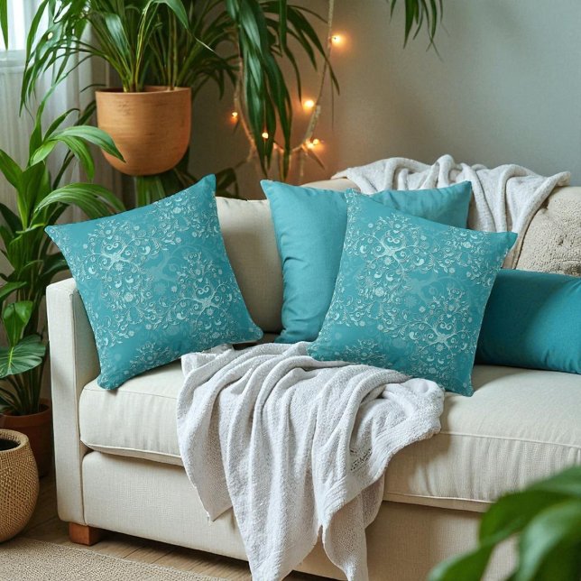 Delicate Two Tone Fancy Floral Teal Damask Cushion (Creator Uploaded)