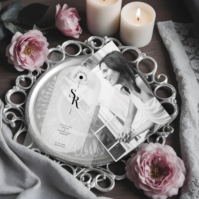 Delicate Vellum Transparency Elegant Black & White Invitations (Delicate Vellum Overlay Paper Transparency Elegant Black & White Initials for Wedding Save the Date )