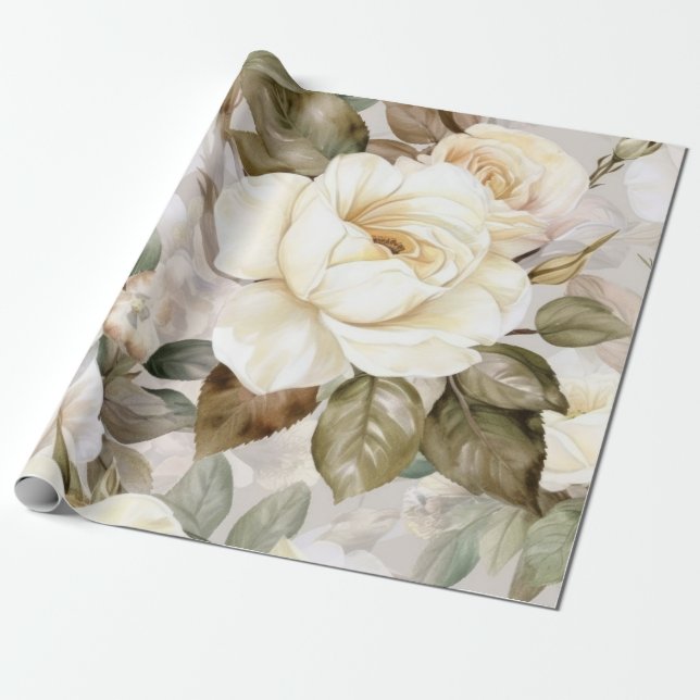 Delicate Vintage Creamy White Roses Wrapping Paper (Unrolled)