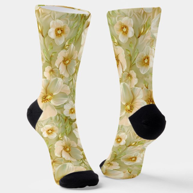 Delicate Warm Green Flowers Socks (Angled)