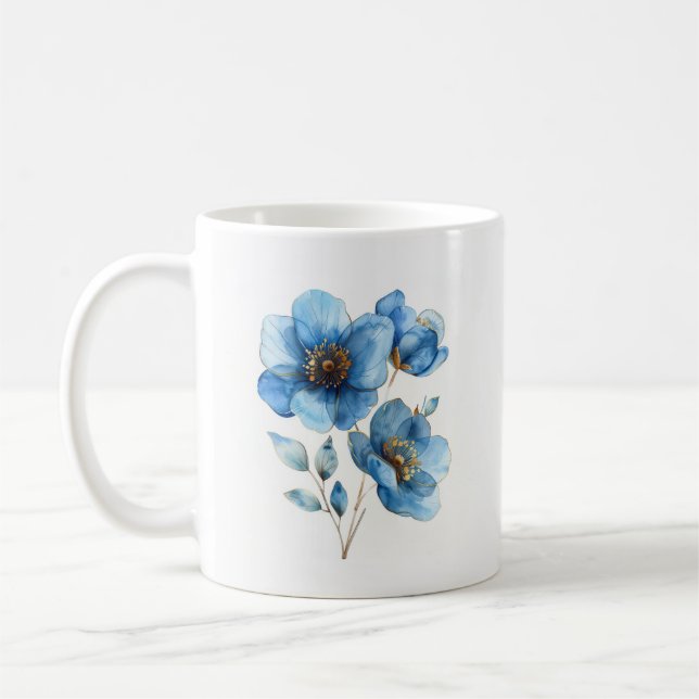 Delicate watercolor azure blue and gold flowers coffee mug (Left)