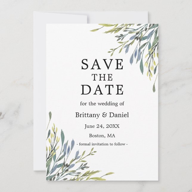 Delicate Watercolor Botanical Greenery Save The Date (Front)