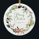 Delicate Watercolor Christmas Wreath Ceramic Ornament<br><div class="desc">Soft greenery watercolor Christmas wreath with holly and a delicate red bow. Customisable with your family name or personal message.</div>