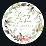 Delicate Watercolor Christmas Wreath Classic Round Sticker<br><div class="desc">Soft greenery watercolor Christmas wreath design with holly and a delicate red bow. Customisable with your family name or personal message.</div>