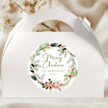 Delicate Watercolor Christmas Wreath Classic Round Sticker<br><div class="desc">Soft greenery watercolor Christmas wreath design with holly and a delicate red bow. Customisable with your family name or personal message.</div>