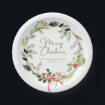 Delicate Watercolor Christmas Wreath Paper Plate<br><div class="desc">Soft greenery watercolor Christmas wreath design with holly and a delicate red bow. Customisable with your family name or personal message.</div>