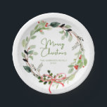 Delicate Watercolor Christmas Wreath Paper Plate<br><div class="desc">Soft greenery watercolor Christmas wreath design with holly and a delicate red bow. Customisable with your family name or personal message.</div>