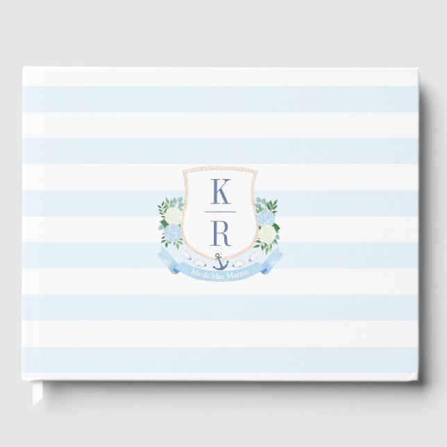 Delicate Watercolor Coastal Monogram Wedding Guest Book (Front)