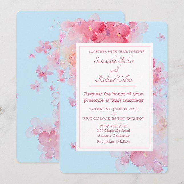Delicate Watercolor Floral Blue Wedding Invitation (Front/Back)