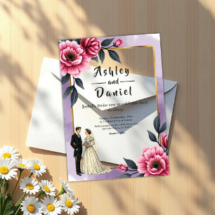 Delicate Watercolor Floral Bride And Groom Wedding Acrylic Invitations