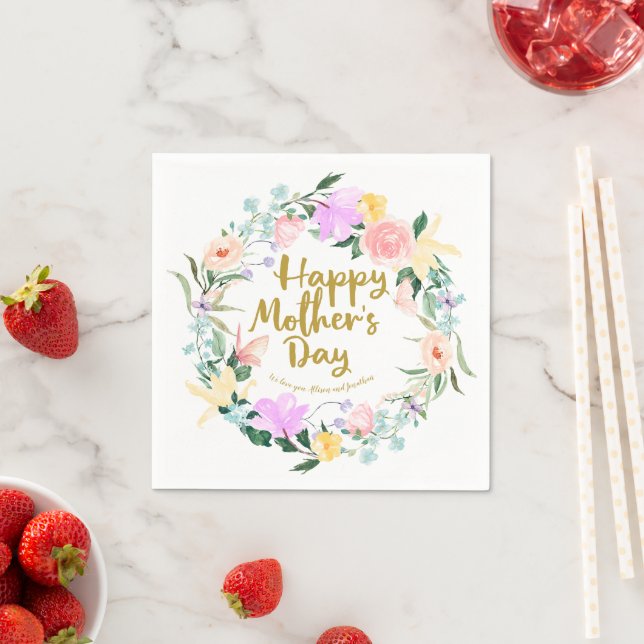 Delicate Watercolor Floral Happy Mothers Day Napkin (Insitu)