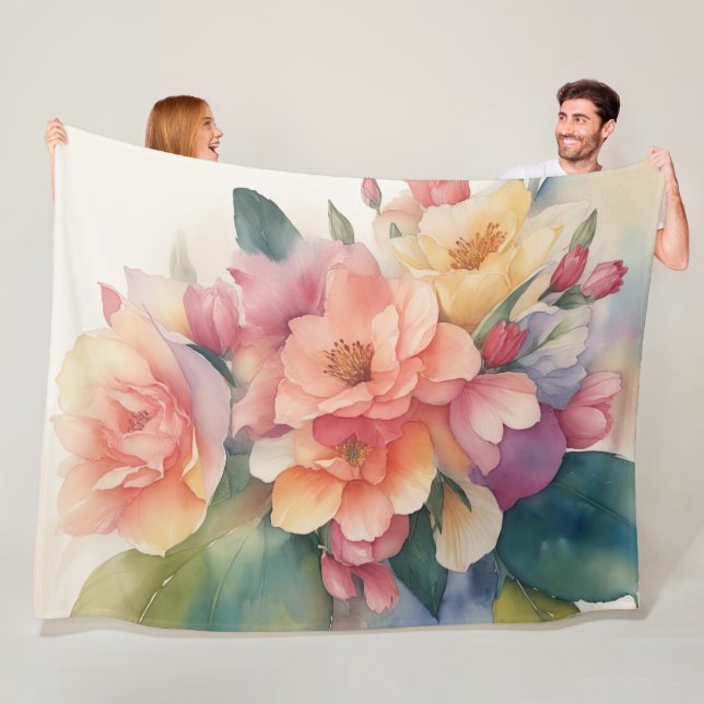 Delicate Watercolor Floral Painting Fleece Blanket (In Situ)