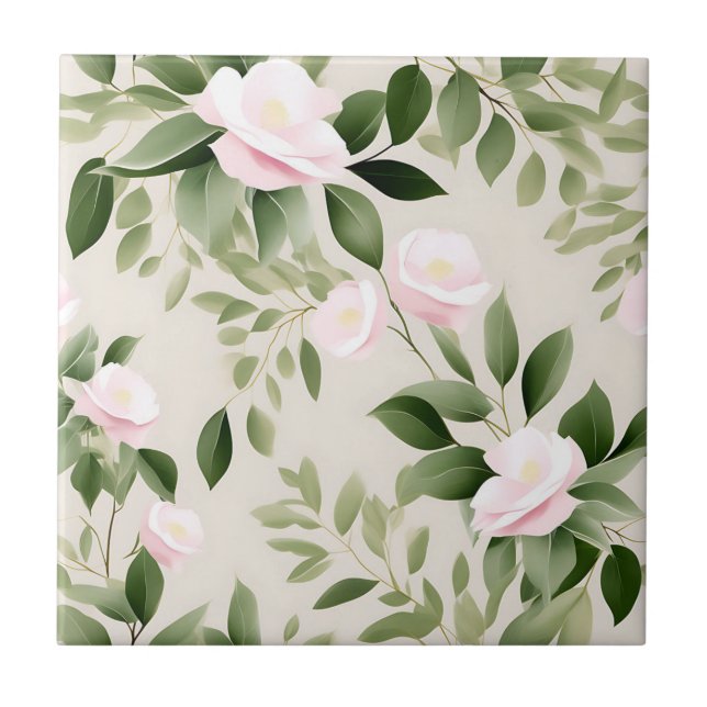 Delicate Watercolor Flowers Eucalyptus Pattern Ceramic Tile (Front)
