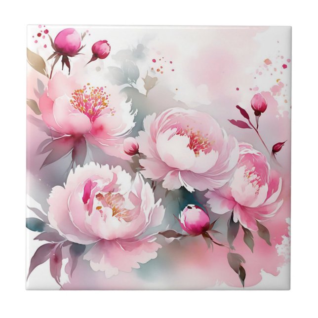 Delicate Watercolor Flowers in Soft Pink Ceramic Tile (Front)