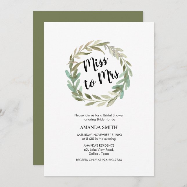 Delicate Watercolor Foliage Wreath Bridal Shower Invitation (Front/Back)
