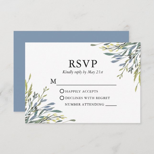 Delicate Watercolor Greenery Dusty Blue Wedding RSVP Card (Front/Back)