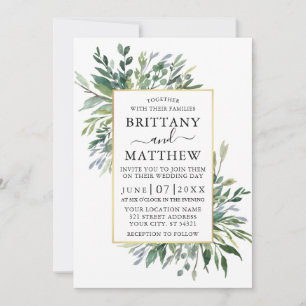 Delicate Watercolor Greenery Gold Wedding Invitation