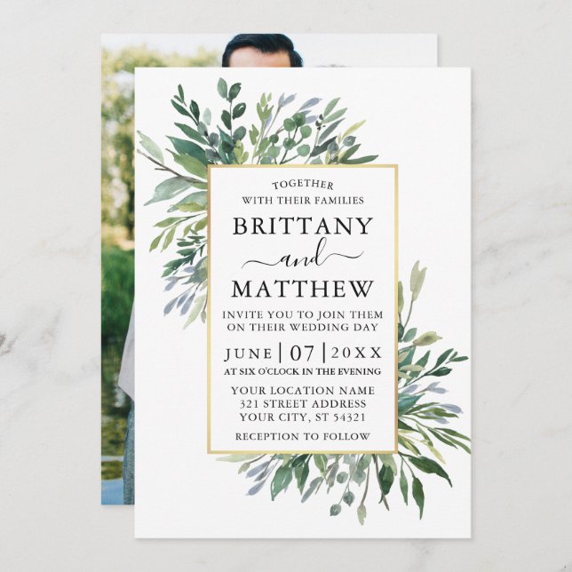 Delicate Watercolor Greenery Photo Gold Wedding Invitation (Front/Back)
