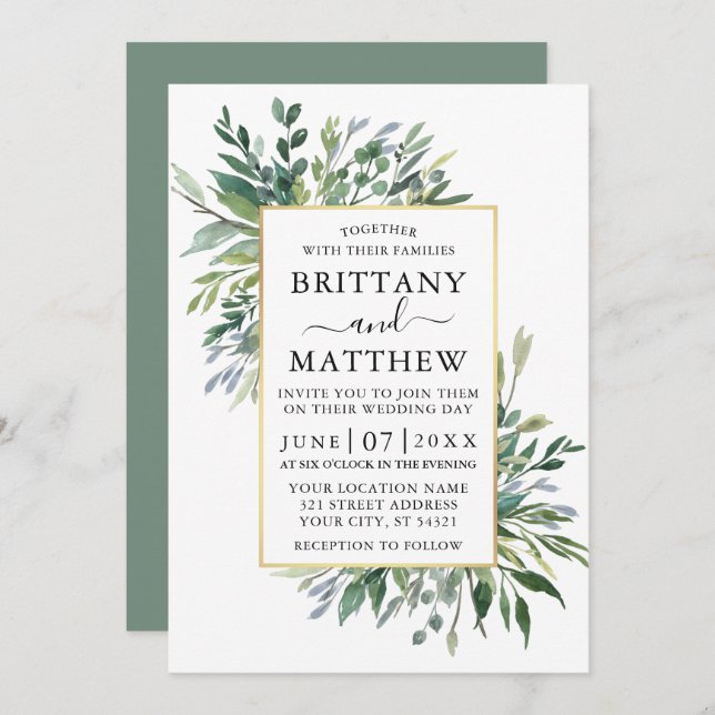 Delicate Watercolor Greenery Sage Green Gold Invitation (Front/Back)