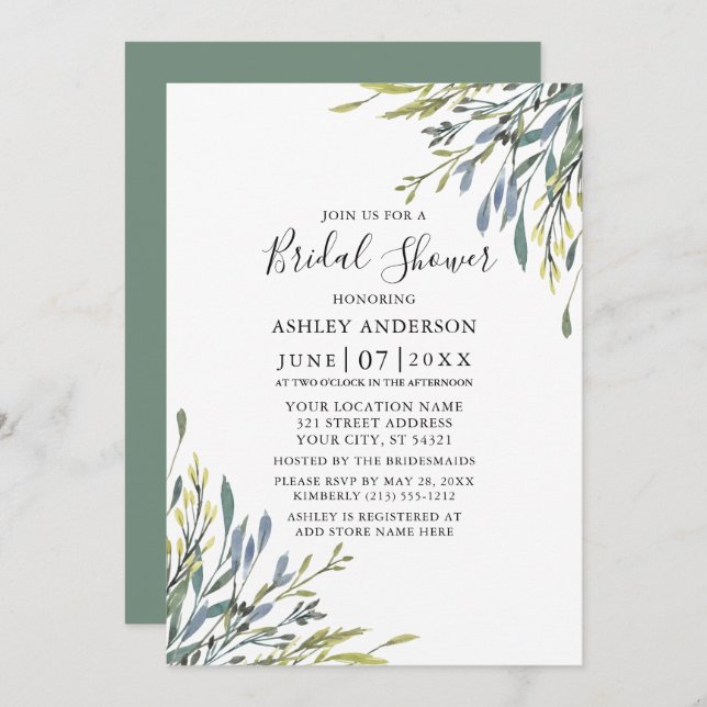 Delicate Watercolor Greenery Sage Green Shower Invitation (Front/Back)