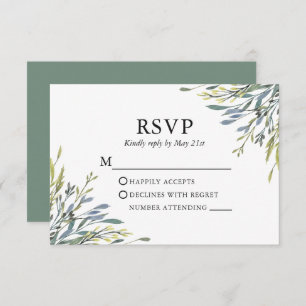 Delicate Watercolor Greenery Sage Green Wedding RSVP Card