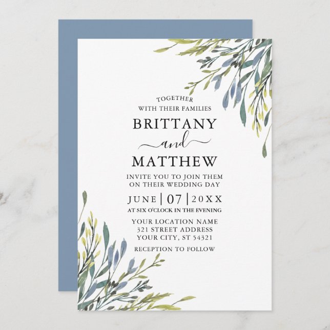 Delicate Watercolor Greenery Wedding Dusty Blue Invitation (Front/Back)