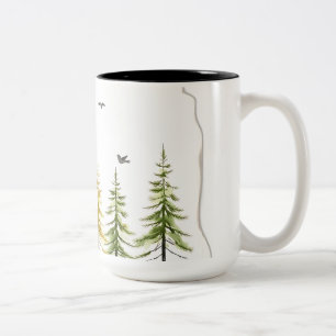 Delicate Watercolor Pine Trees and Birds Two-Tone Coffee Mug