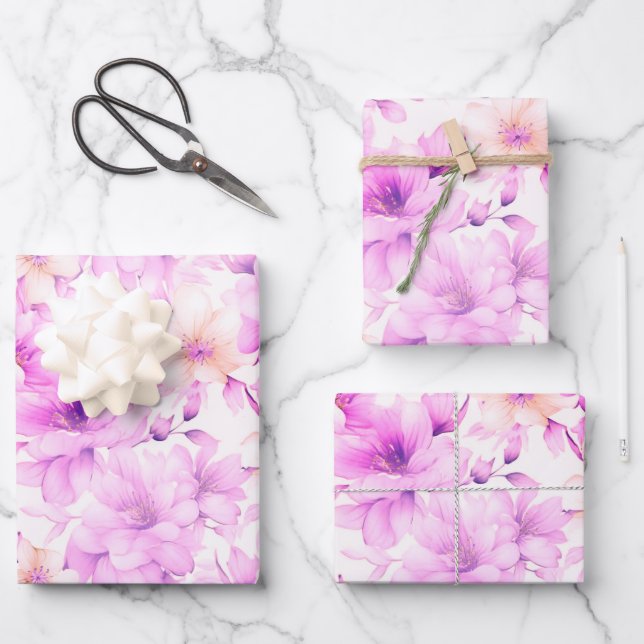 Delicate Watercolor Pink Flowers  Wrapping Paper Sheet (Front)